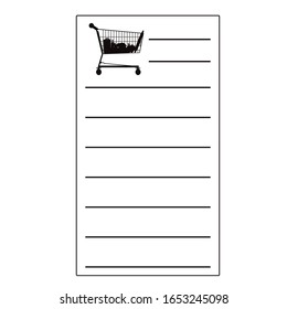 Vector silhouette of shopping list on white background. Symbol of shop accessories.