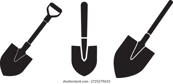 Vektorsilhouette einer Schaufel in Schwarz. Einfaches Grabwerkzeug einzeln auf weißem Hintergrund. Ideal für Garten-, Bau-, Landschafts- und Heimwerkerprojekte.