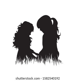 Vector silhouette of siblings in the grass on white background. Symbol of girl, sister, friends, family, infant, childhood, nature, park, garden.