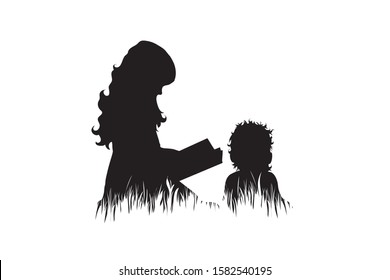 Vector silhouette of siblings in the grass on white background. Symbol of girl, boy, sister, brother, baby, read,family, infant, childhood, nature, park, garden.