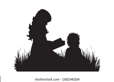 Vector silhouette of siblings in the grass on white background. Symbol of girl, boy, sister, brother, baby, read,family, infant, childhood, nature, park, garden.