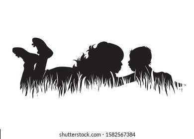 Vector silhouette of siblings in the grass on white background. Symbol of girl, boy, sister, brother, baby,family, infant, childhood, nature, park, garden.