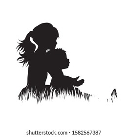 Vector silhouette of siblings in the grass on white background. Symbol of girl, boy, sister, brother, baby,family, infant, childhood, nature, park, garden.