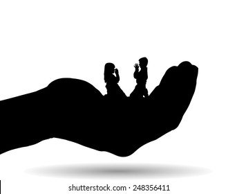 Vector silhouette of a siblings on palm on white background.