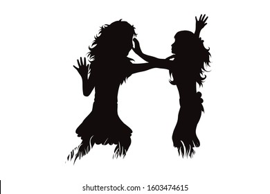 Vector silhouette of siblings on the path on white background. Symbol of girl, sister, friends, family, infant, childhood, nature, park, garden.
