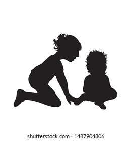 Vector silhouette of siblings on white background. Symbol of child, girl,toddler,sister,brother,family.
