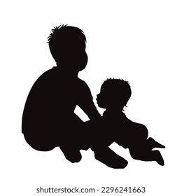 Vector silhouette of siblings on white background. Symbol of family.