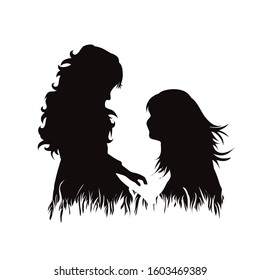 Vector silhouette of siblings sitting in the grass on white background. Symbol of girl, sister, friends, family, infant, childhood, nature, park, garden.