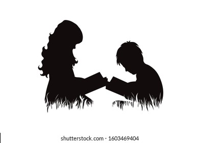 Vector silhouette of siblings sitting in the grass and reading book on white background. Symbol of girl, sister, brother, friends, family, infant, childhood, nature, park, garden.