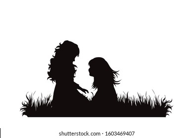 Vector silhouette of siblings sitting in the grass on white background. Symbol of girl, sister, friends, family, infant, childhood, nature, park, garden.