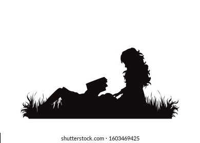 Vector silhouette of siblings sitting in the grass and reading book on white background. Symbol of girl, sister, friends, family, infant, childhood, nature, park, garden.