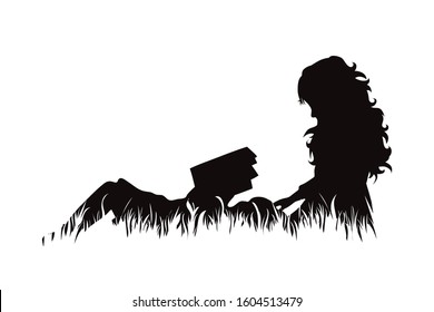 Vector silhouette of siblings sitting in the grass and reading book on white background. Symbol of girl, sister, friends, family, infant, childhood, nature, park, garden.