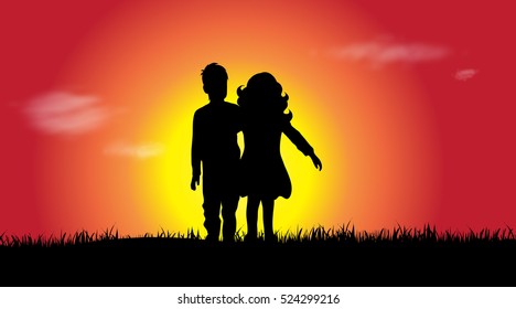Vector silhouette of a siblings at sunset.