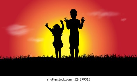 Vector silhouette of a siblings at sunset.