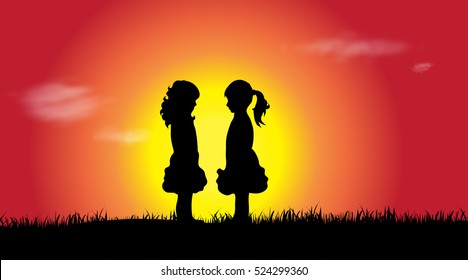 Vector silhouette of a siblings at sunset.