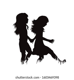 Vector silhouette of siblings walking in the grass on white background. Symbol of girl, sister, friends, family, infant, childhood, nature, park, garden.