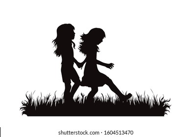 Vector silhouette of siblings walking in the grass on white background. Symbol of girl, sister, friends, family, infant, childhood, nature, park, garden.