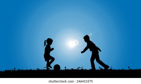 Vector silhouette of a siblings who play on the meadow.