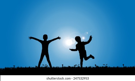 Vector silhouette of a siblings who play on the meadow.