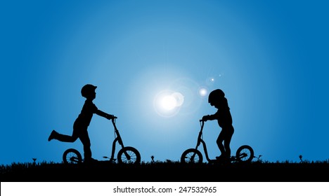 Vector silhouette of a siblings who play on the meadow.