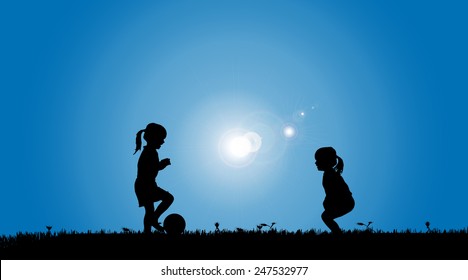 Vector silhouette of a siblings who play on the meadow.