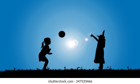 Vector silhouette of a siblings who play on the meadow.
