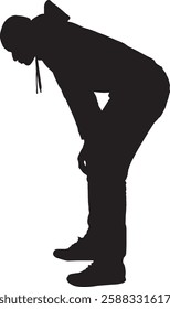 vector; silhouette; side view of african man crouching looking at the ground