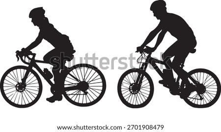 vector, silhouette of a side view of couple cyclist riding a bicycle