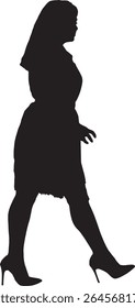Vector; silhouette side view of female walking and dressed in dress