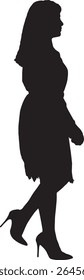 Vector; silhouette side view of female walking and dressed in dress