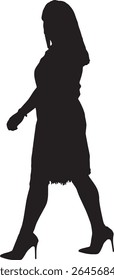 Vector; silhouette side view of female walking and dressed in dress
