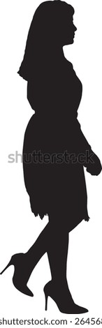 Vector; silhouette side view of female walking and dressed in dress