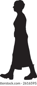 vector; silhouette side view of a full length portrait of woman walking