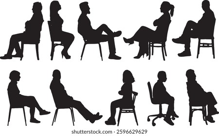 vector; silhouette of side view group of women sitting on chair