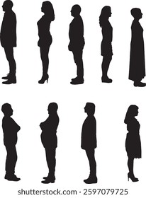 vector; silhouette of a side view of group of people standing