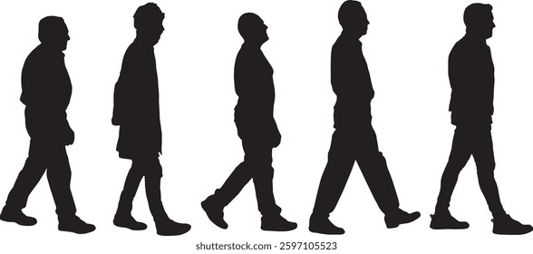 vector; silhouette of side view of a group of men walking