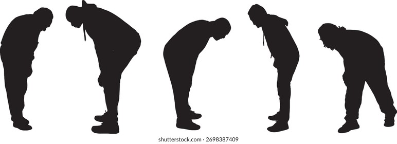 vector,  silhouette of side view of group of men leaning forward and looking at the ground 