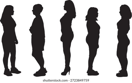vector, silhouette of side view of a group  of women standing