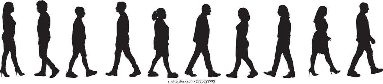 Vector, silueta de vista lateral de un grupo de mujeres y hombres caminando