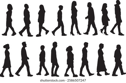 vector; silhouette side view of large group of people walking