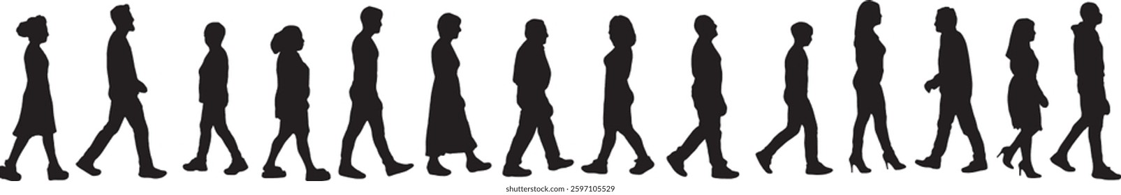 vector; silhouette of side view of a large group of women and men walking