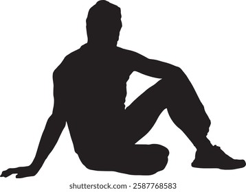 Vector; silhouet; zijaanzicht van de mens die op de grond zit en naar de camera kijkt