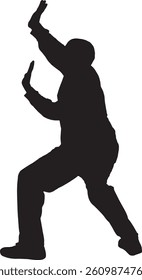  vector; silhouette side view of a man standing holding or pushing up something imaginary 