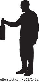 vector; silhouette of a side view a man holding a bottle