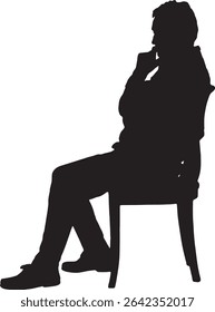 Vector; silhouette of a side view of a man sitting in a chair thoughtfully with his hand on his chin