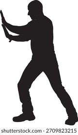 Vector, silueta de la vista lateral del hombre que sostiene o aprieta una pared o algo imaginario
