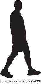 vector, silhouette of side view of a  Man walking dressed in shorts, t-shirt and sneakers, looking at camera