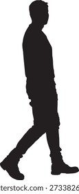 vector, silhouette of a side view of a man walking and looking at camera,
