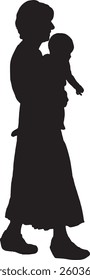 vector; silhouette side view of a mother carrying her baby walking 