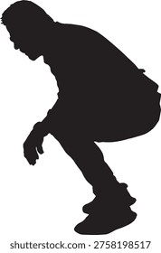 vector, silhouette of side view of a retired man squatting looking down on a white background